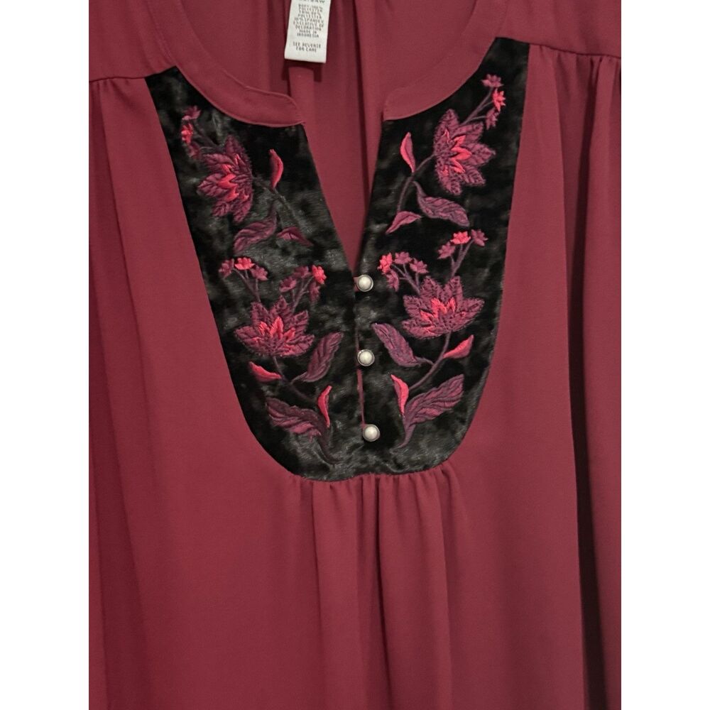 Catherines 2X Blouse Top Floral Velvet Accent Flowy Flared Sleeve Maroon Classic - Picture 5 of 12